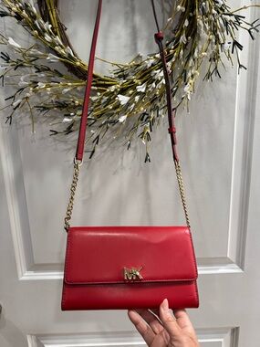 Michael Kors Red Leather Crossbody Wallet with Gold Chain
